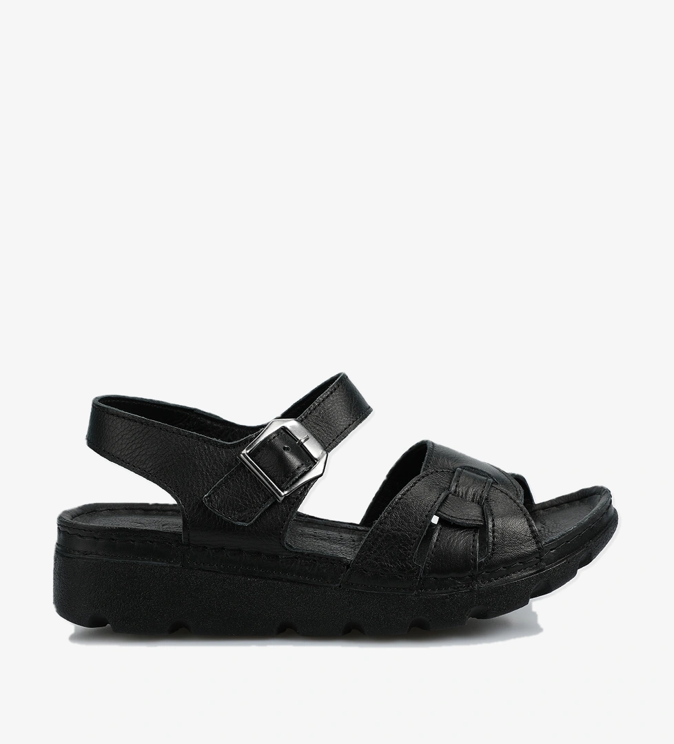 Siyah Deri Kadın Düz Sandalet - Görsel 1