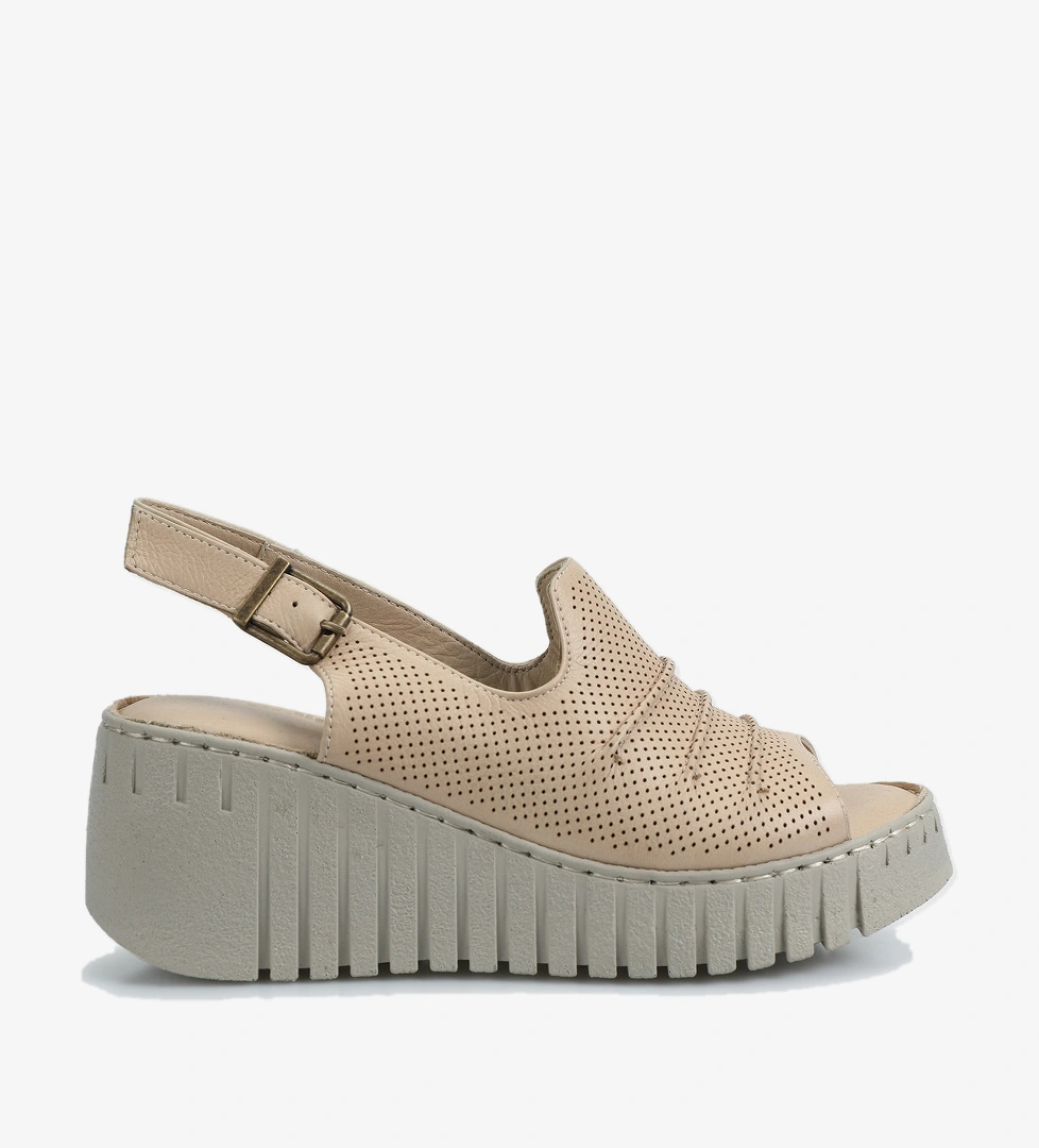 Bej Deri Kadın Konfor Sandalet - Görsel 1