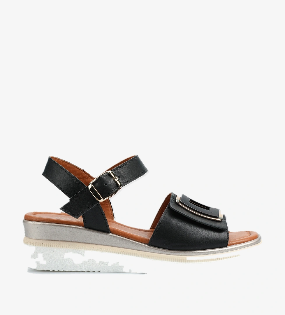 Siyah Deri Kadın Düz Sandalet - Görsel 1