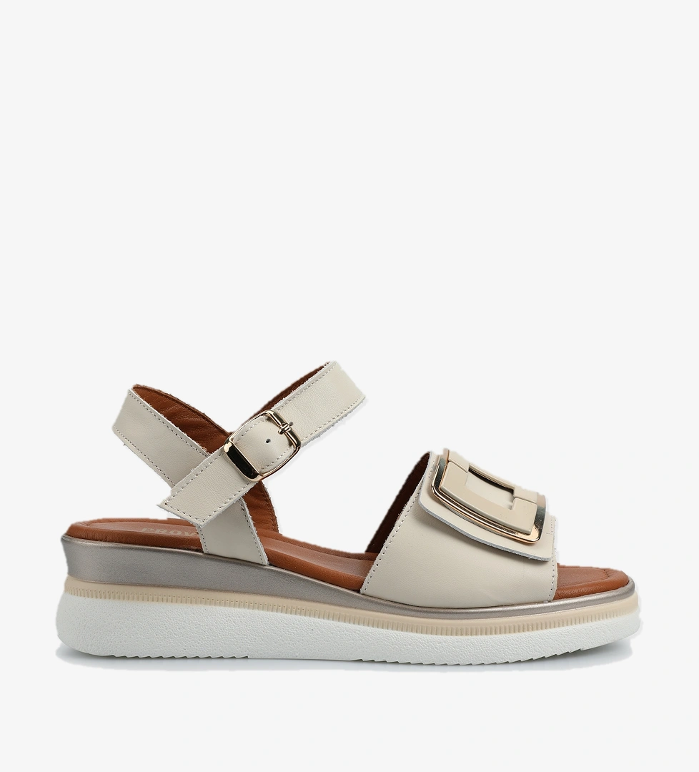 Ekru Deri Kadın Düz Sandalet - Görsel 1