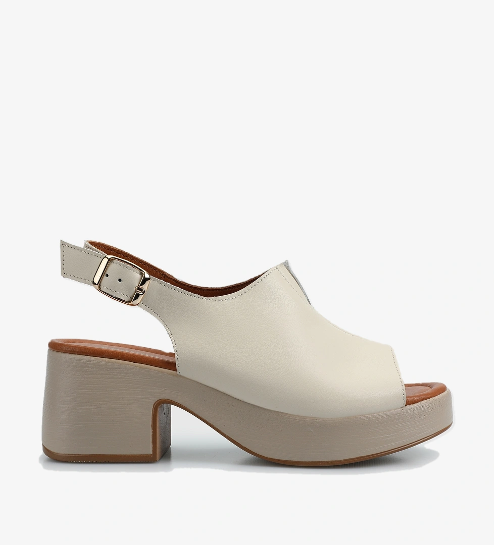 Ekru Deri Kadın Topuklu Sandalet - Görsel 1