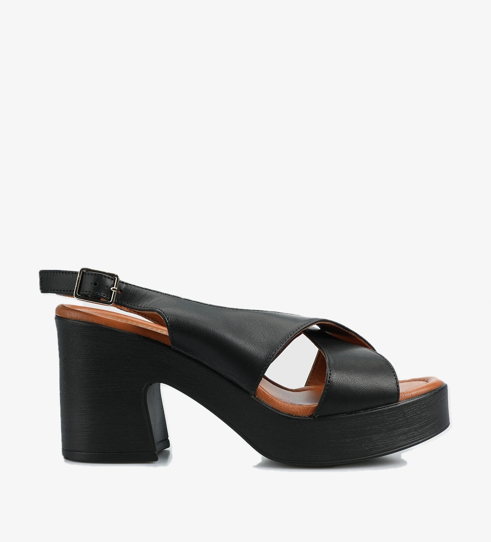 Siyah Deri Kadın Topuklu Sandalet - Görsel 1
