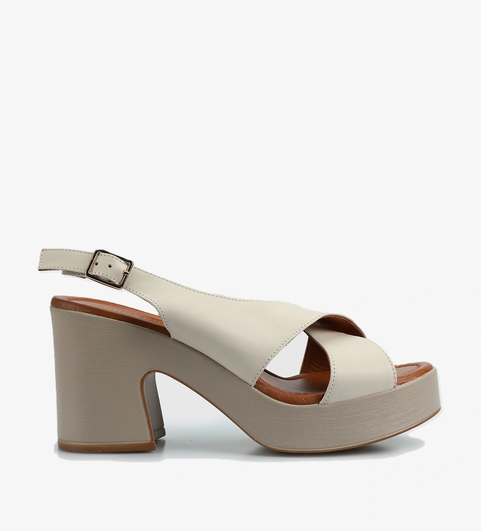 Ekru Deri Kadın Topuklu Sandalet - Görsel 1