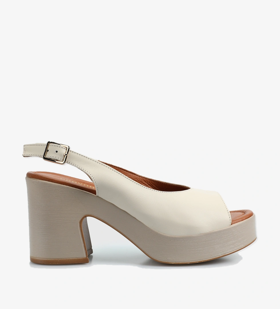 Ekru Deri Kadın Topuklu Sandalet - Görsel 1