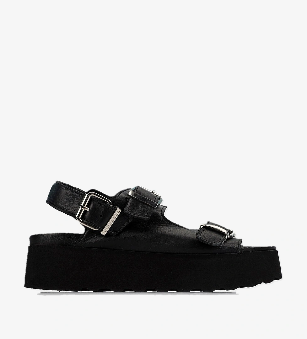 Siyah Deri Kadın Düz Sandalet - Görsel 1