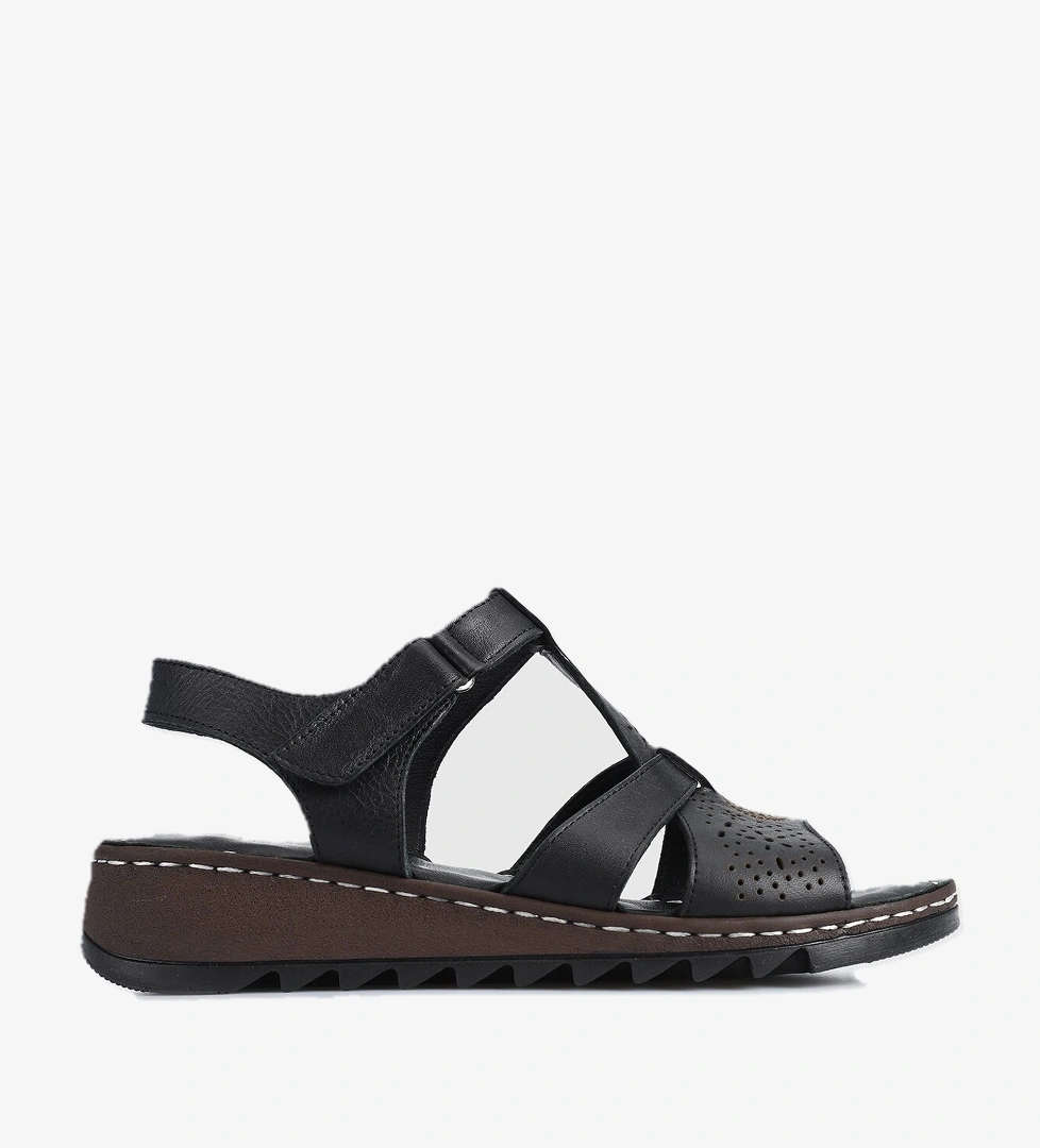 Siyah Deri Kadın Konfor Sandalet - Görsel 1