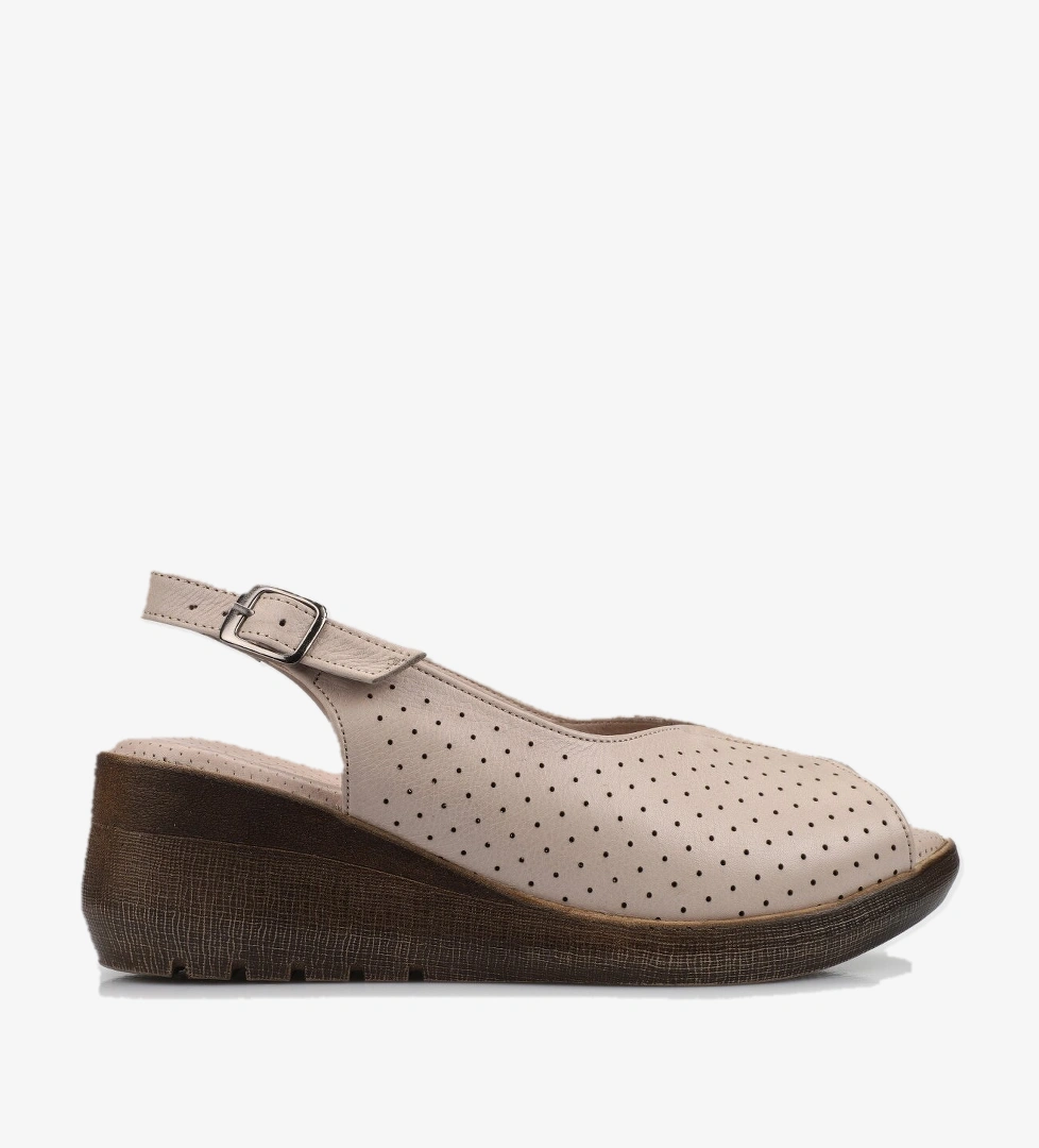 Bej Deri Kadın Konfor Sandalet - Görsel 1