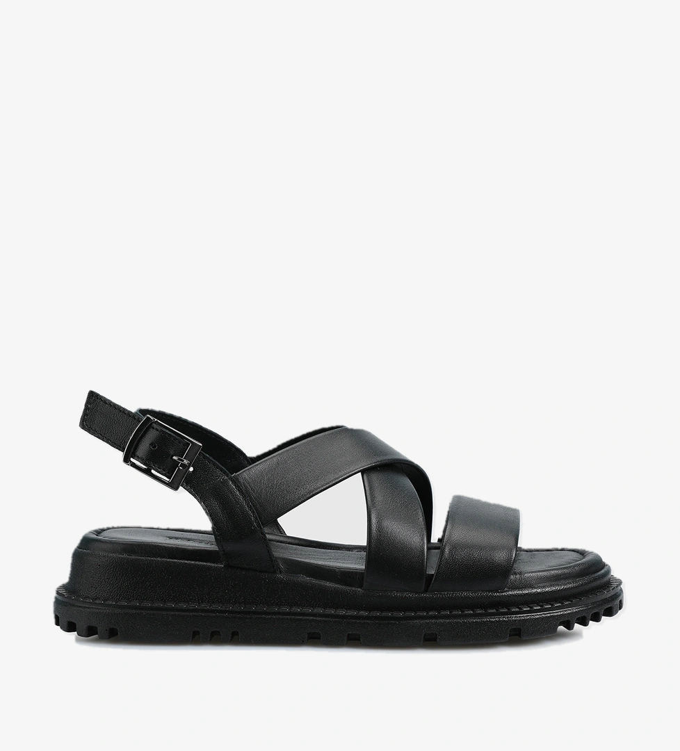 Siyah Deri Kadın Düz Sandalet - Görsel 1