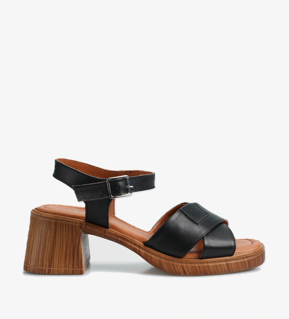 Siyah Deri Kadın Topuklu Sandalet - Görsel 1
