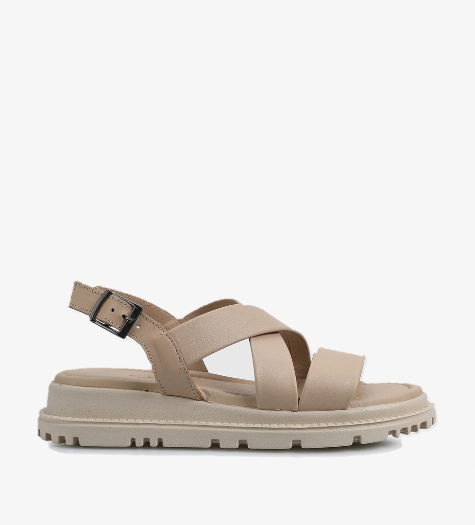 Bej Deri Kadın Düz Sandalet - Görsel 1