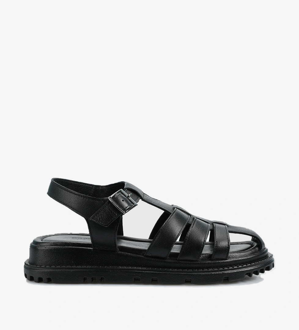 Siyah Deri Kadın Düz Sandalet - Görsel 1