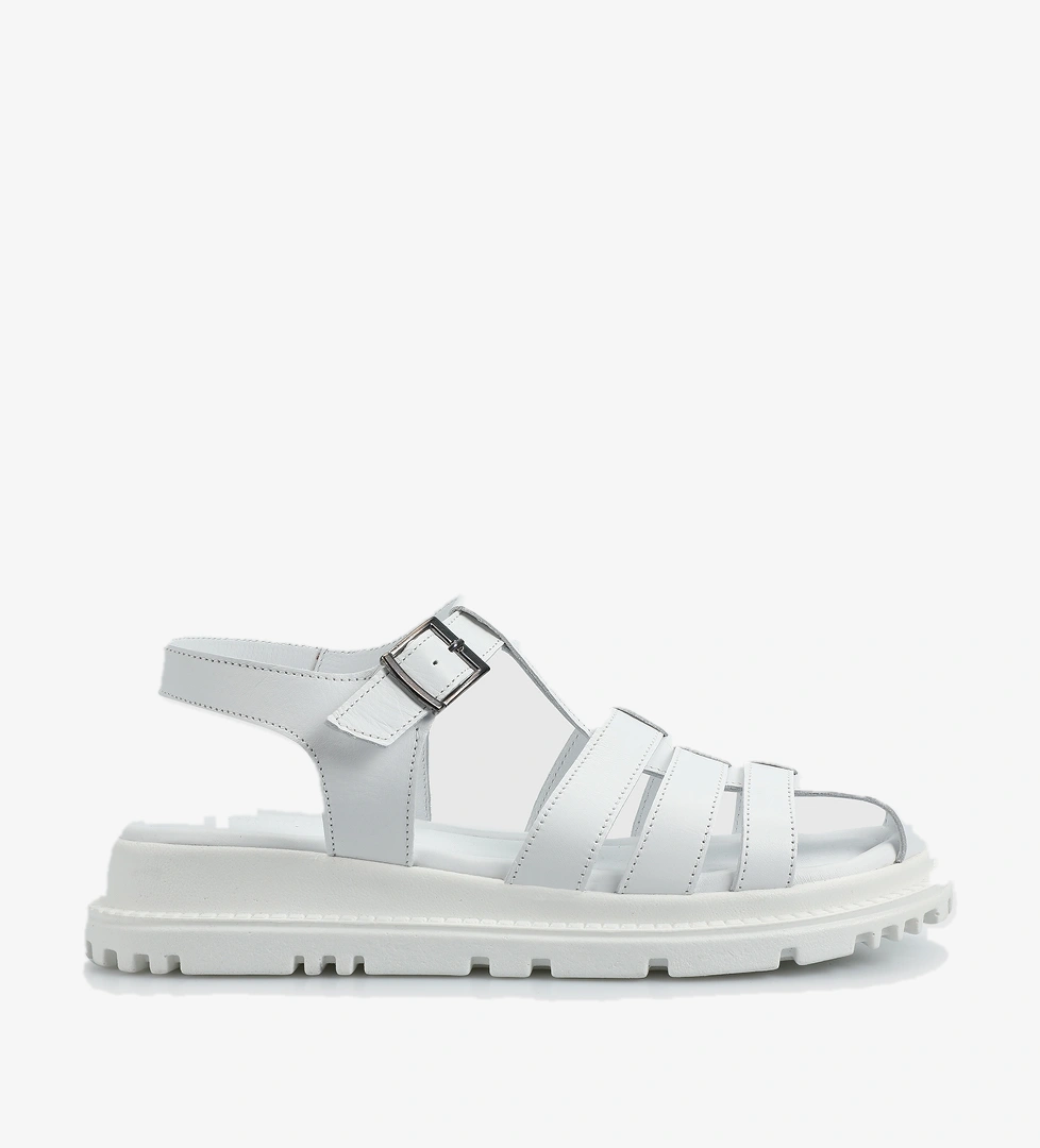 Beyaz Deri Kadın Düz Sandalet - Görsel 1