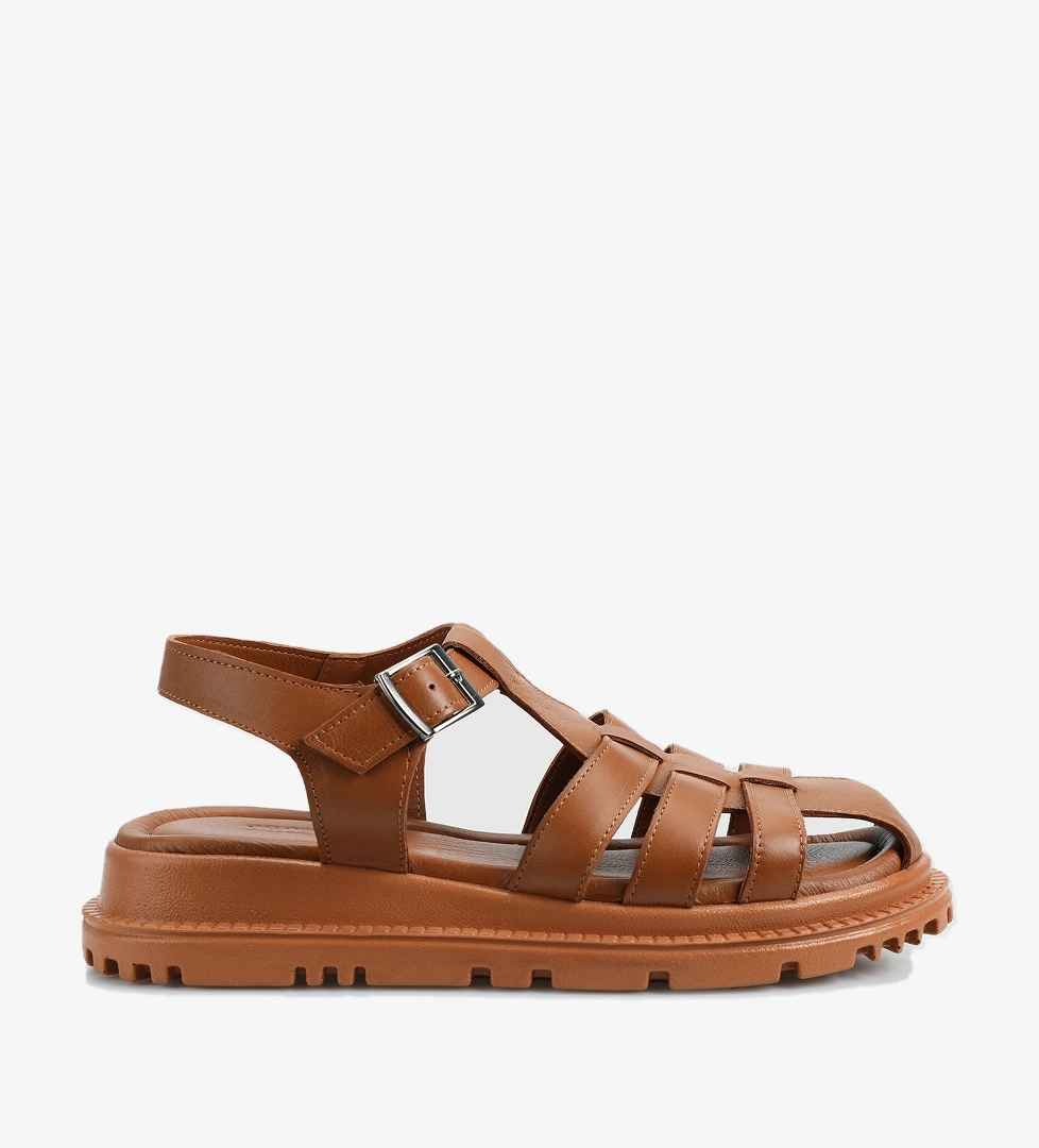 Taba Deri Kadın Düz Sandalet - Görsel 1