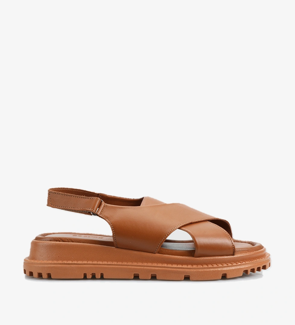 Taba Deri Kadın Düz Sandalet - Görsel 1