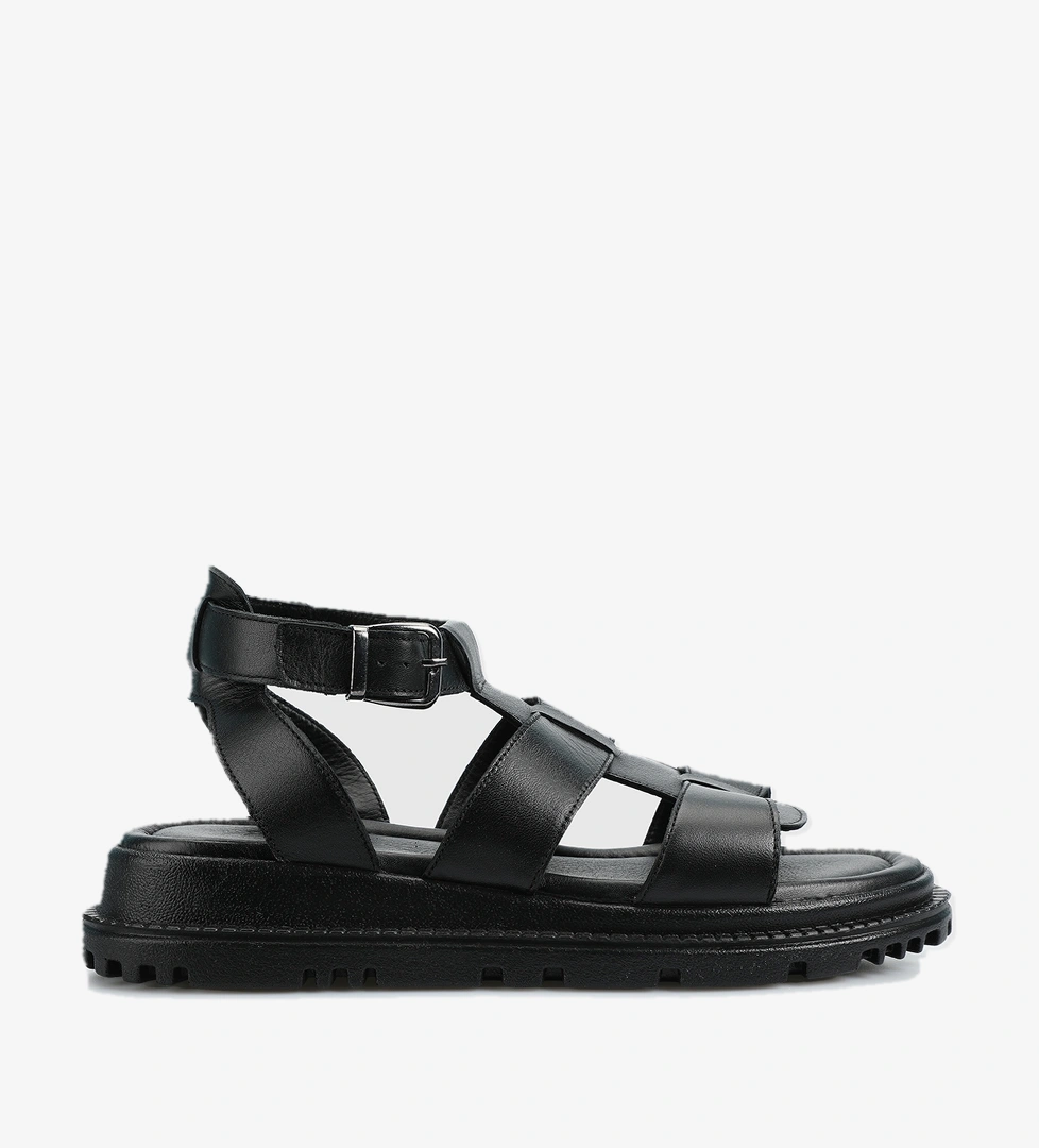 Siyah Deri Kadın Düz Sandalet - Görsel 1