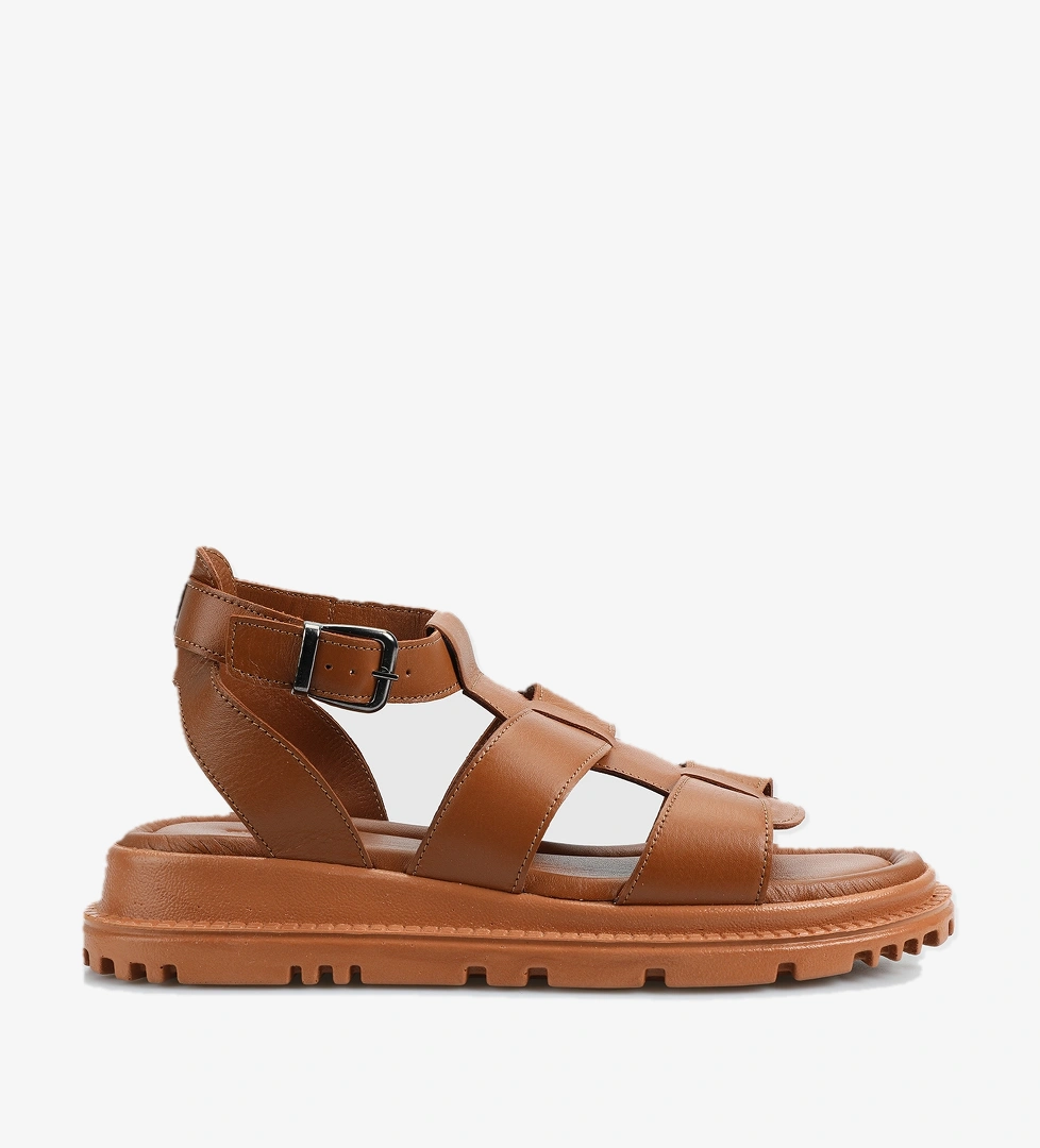 Taba Deri Kadın Düz Sandalet - Görsel 1