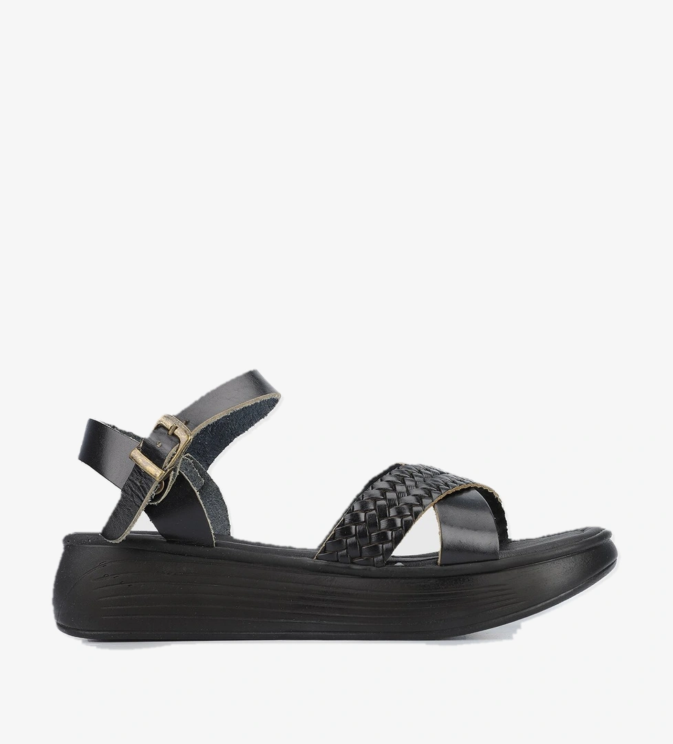 Siyah Deri Kadın Düz Sandalet - Görsel 1