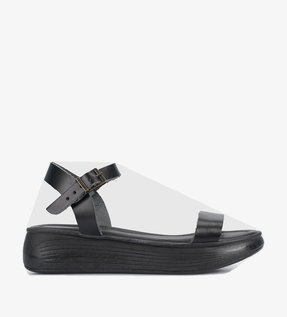 Siyah Deri Kadın Düz Sandalet - Görsel 1