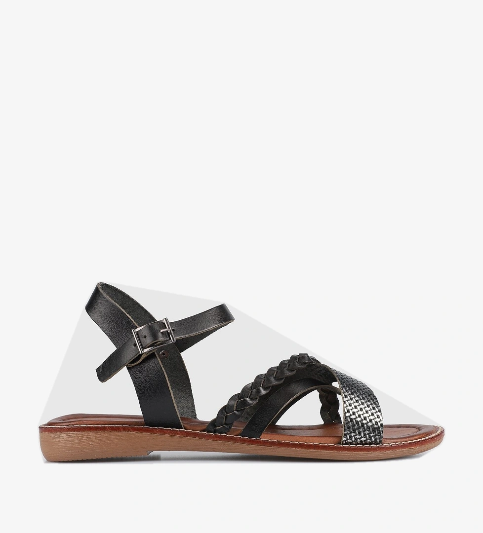 Siyah Deri Kadın Düz Sandalet - Görsel 1