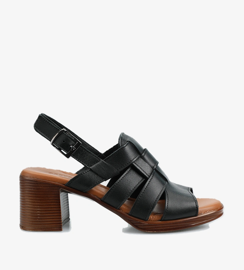 Siyah Deri Kadın Topuklu Sandalet - Görsel 1