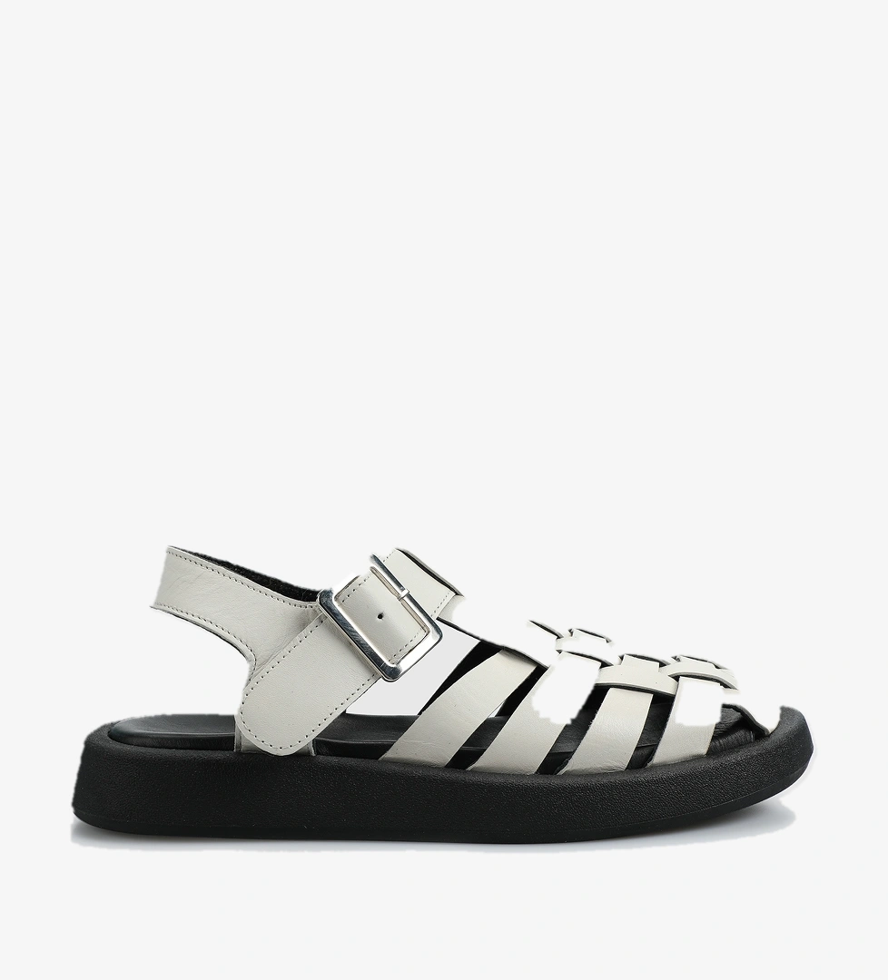 Ekru Deri Kadın Düz Sandalet - Görsel 1