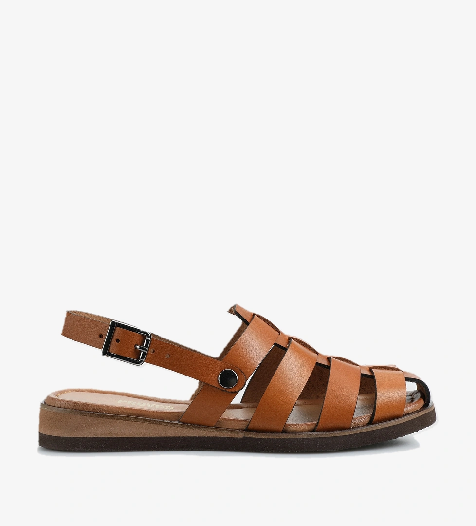 Taba Deri Kadın Düz Sandalet - Görsel 1