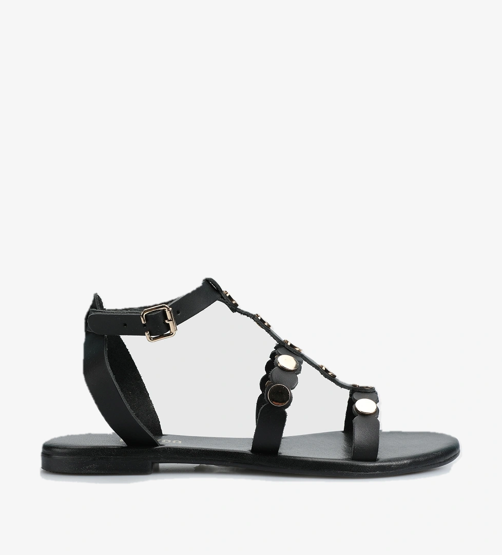 Siyah Deri Kadın Düz Sandalet - Görsel 1