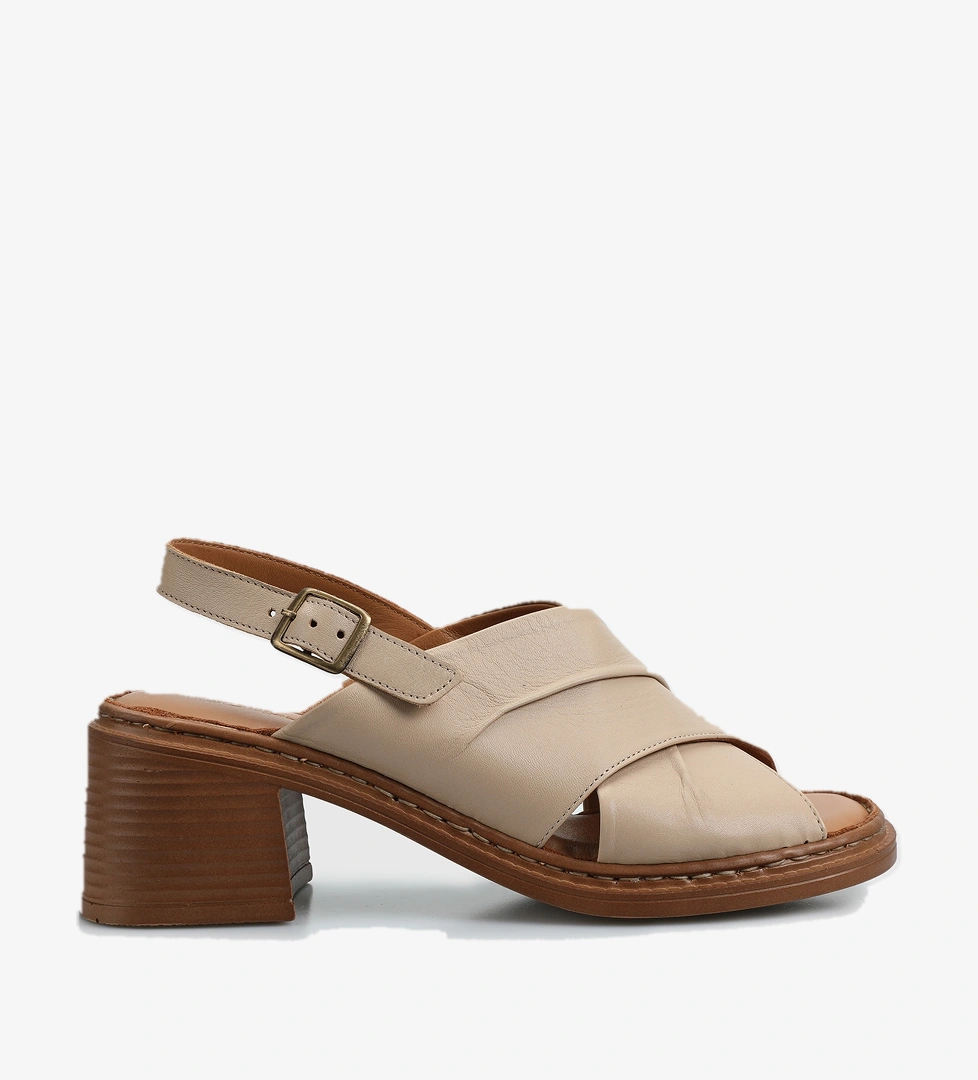 Bej Deri Kadın Topuklu Sandalet - Görsel 1