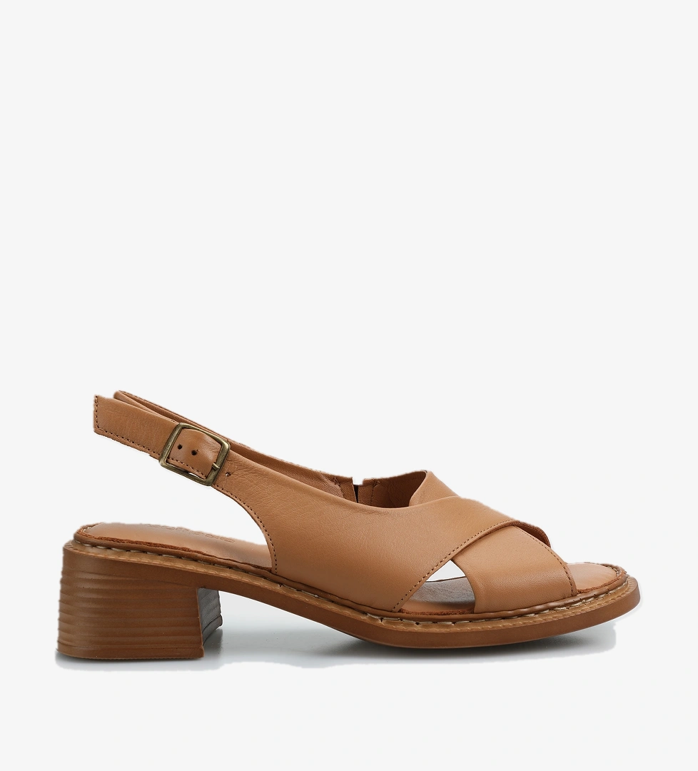 Taba Deri Kadın Topuklu Sandalet - Görsel 1