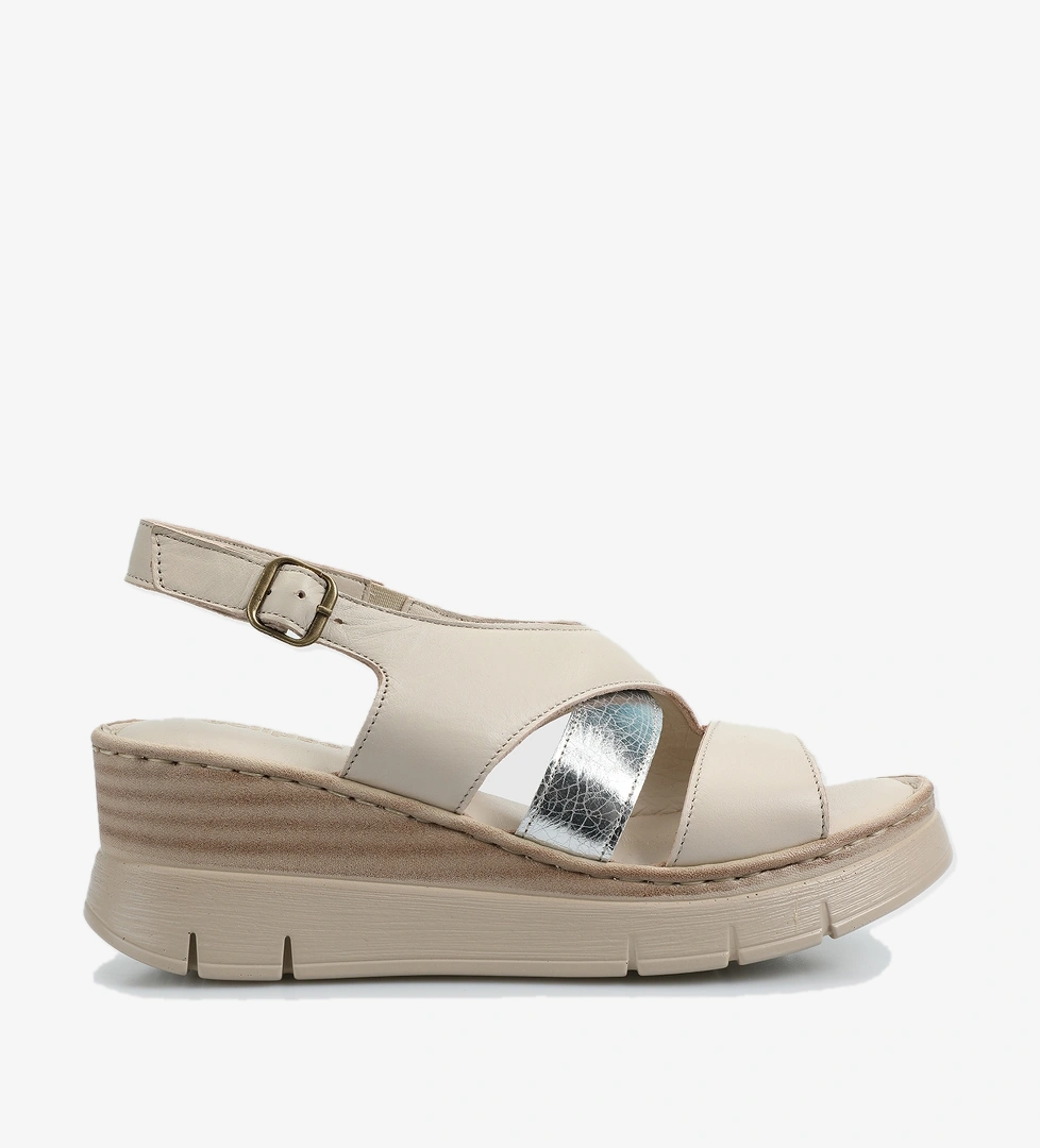 Ekru Deri Kadın Topuklu Sandalet - Görsel 1