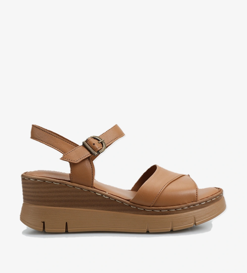 Taba Deri Kadın Topuklu Sandalet - Görsel 1