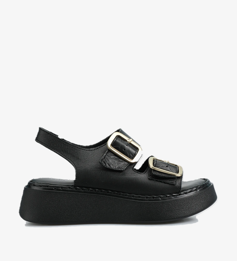 Siyah Deri Kadın Düz Sandalet - Görsel 1