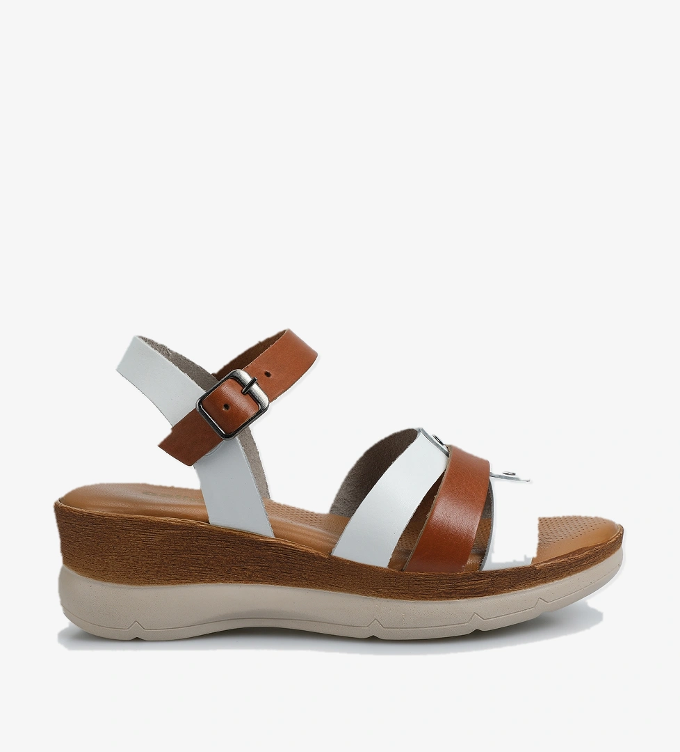 Beyaz Deri Kadın Düz Sandalet - Görsel 1