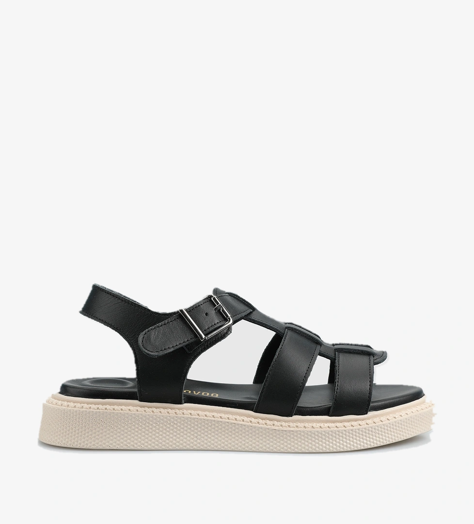 Siyah Deri Kadın Düz Sandalet - Görsel 1