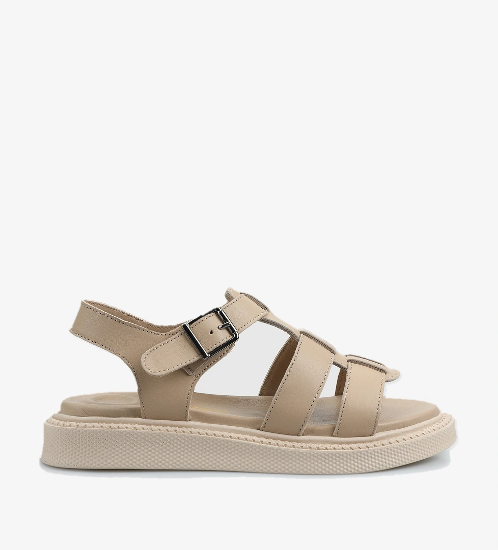 Bej Deri Kadın Düz Sandalet - Görsel 1