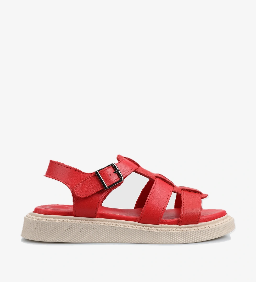 Kırmızı Deri Kadın Düz Sandalet - Görsel 1