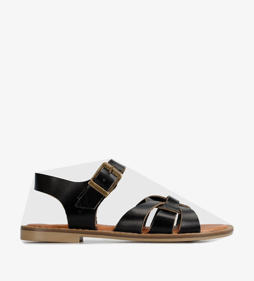 Siyah Deri Kadın Düz Sandalet - Görsel 1