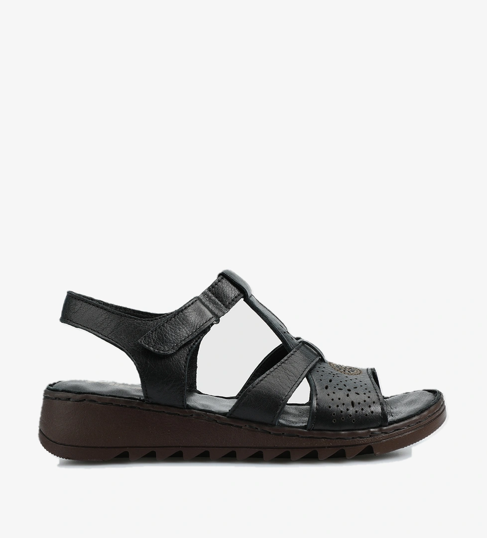 Siyah Deri Kadın Konfor Sandalet - Görsel 1