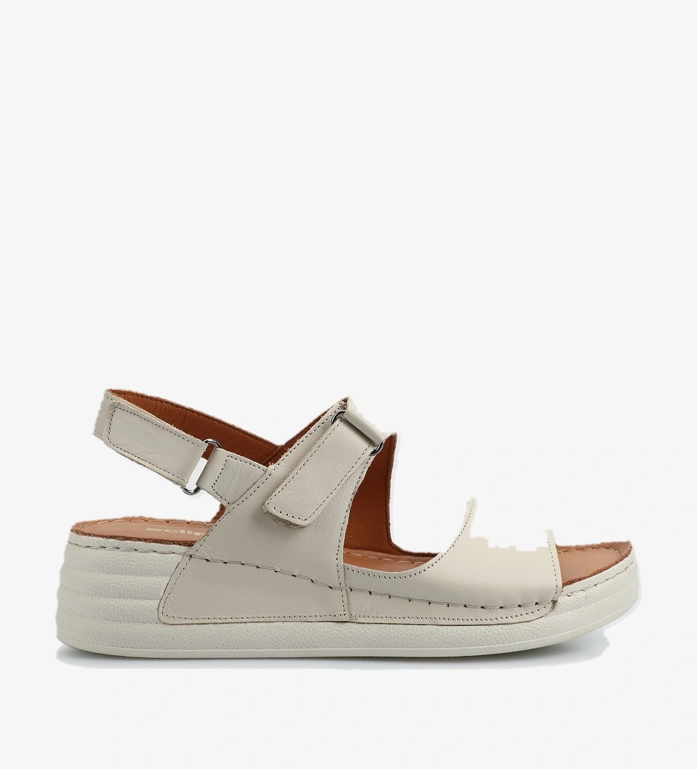 Ekru Deri Kadın Düz Sandalet - Görsel 1