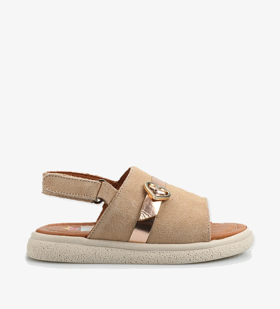 Bej Deri Kız Çocuk Düz Sandalet - Görsel 1