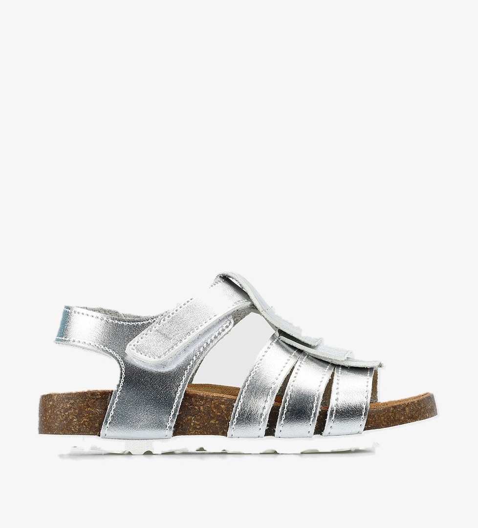 Gümüş Deri Kız Çocuk Düz Sandalet - Görsel 1