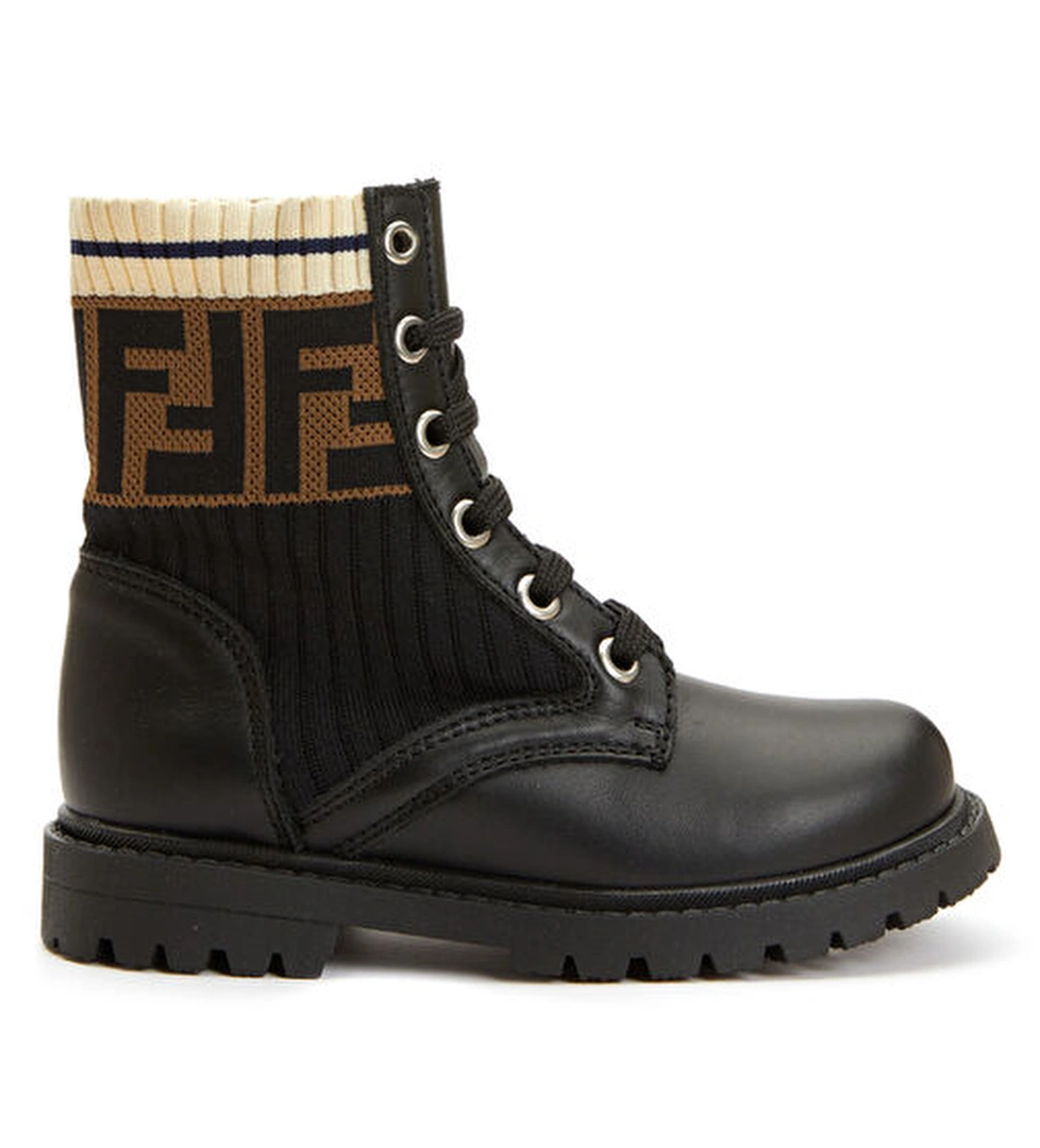 Fendi Siyah Kahverengi Logolu Unisex Çocuk Deri Bot model görseli