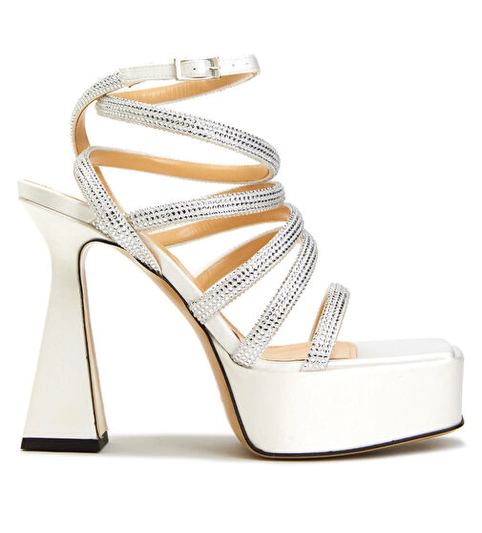 Beyaz Taş Bantlı Kadın Deri Sandalet - Görsel 1