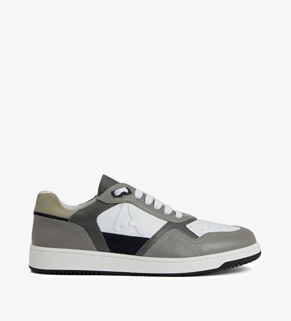 Gri Beyaz Logolu Kadın Deri Sneaker - Görsel 1