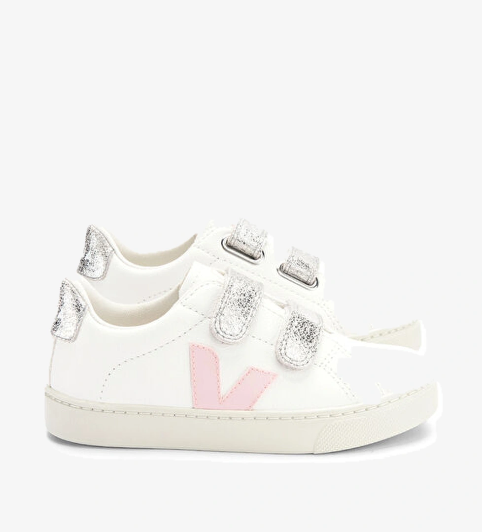 Beyaz Pembe Logolu Unisex Çocuk Deri Sneaker - Görsel 1