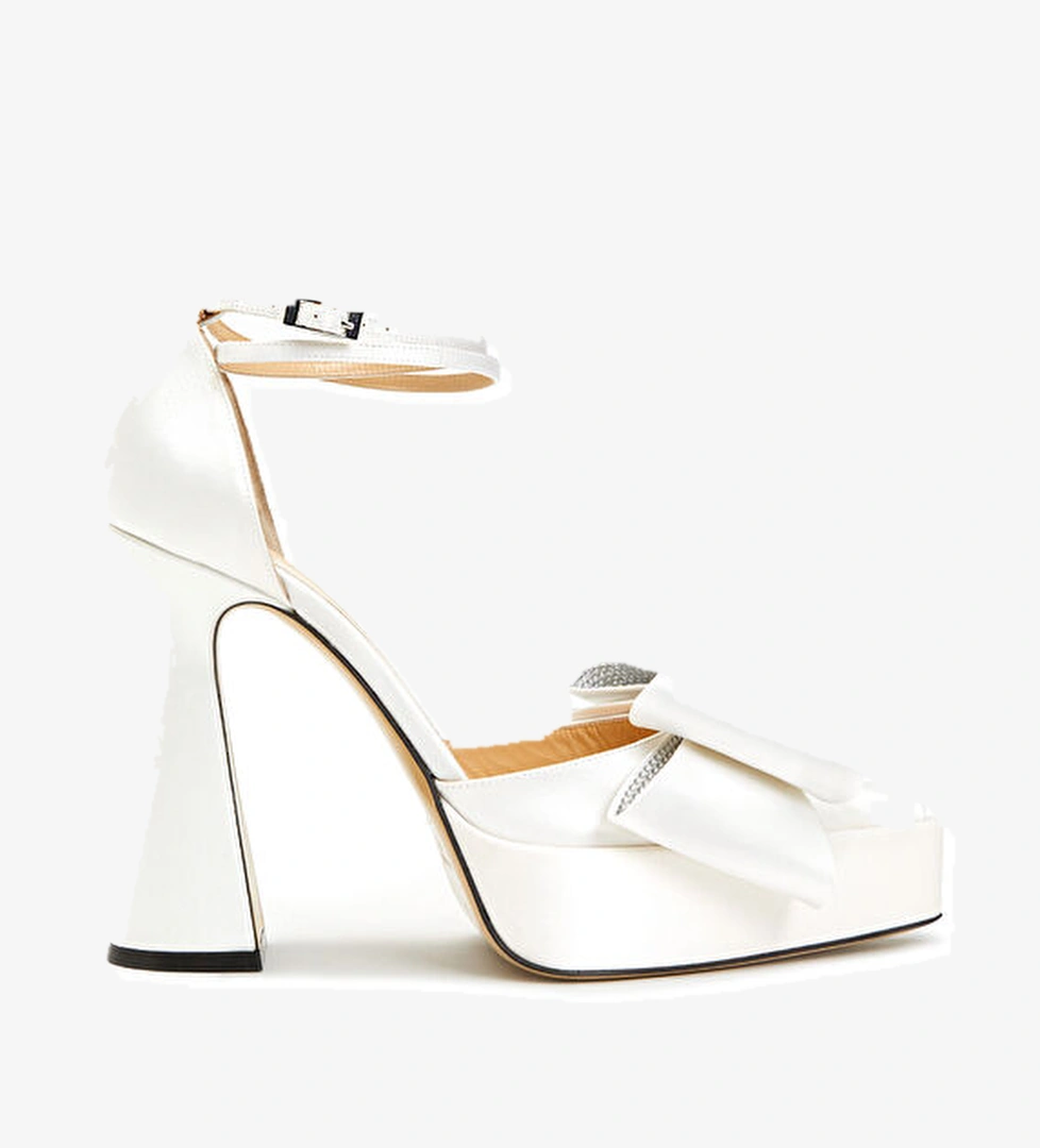 Beyaz Fiyonk Detaylı İpek Topuklu Ayakkabı - Görsel 1