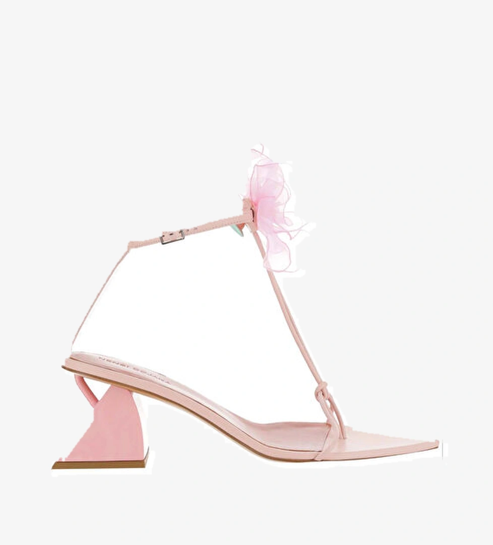 Pembe Çiçek Detaylı Kadın Deri Sandalet - Görsel 1