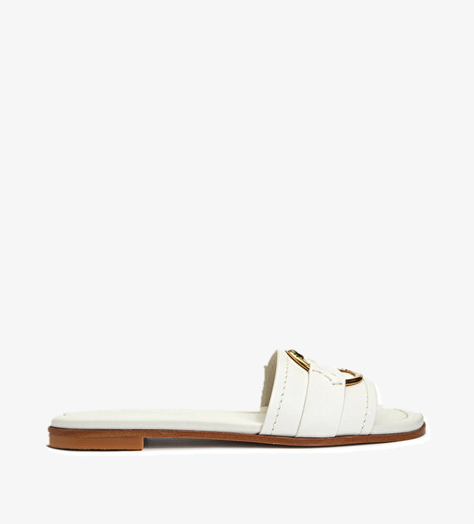 Beyaz Logo Detaylı Kadın Deri Terlik - Görsel 1