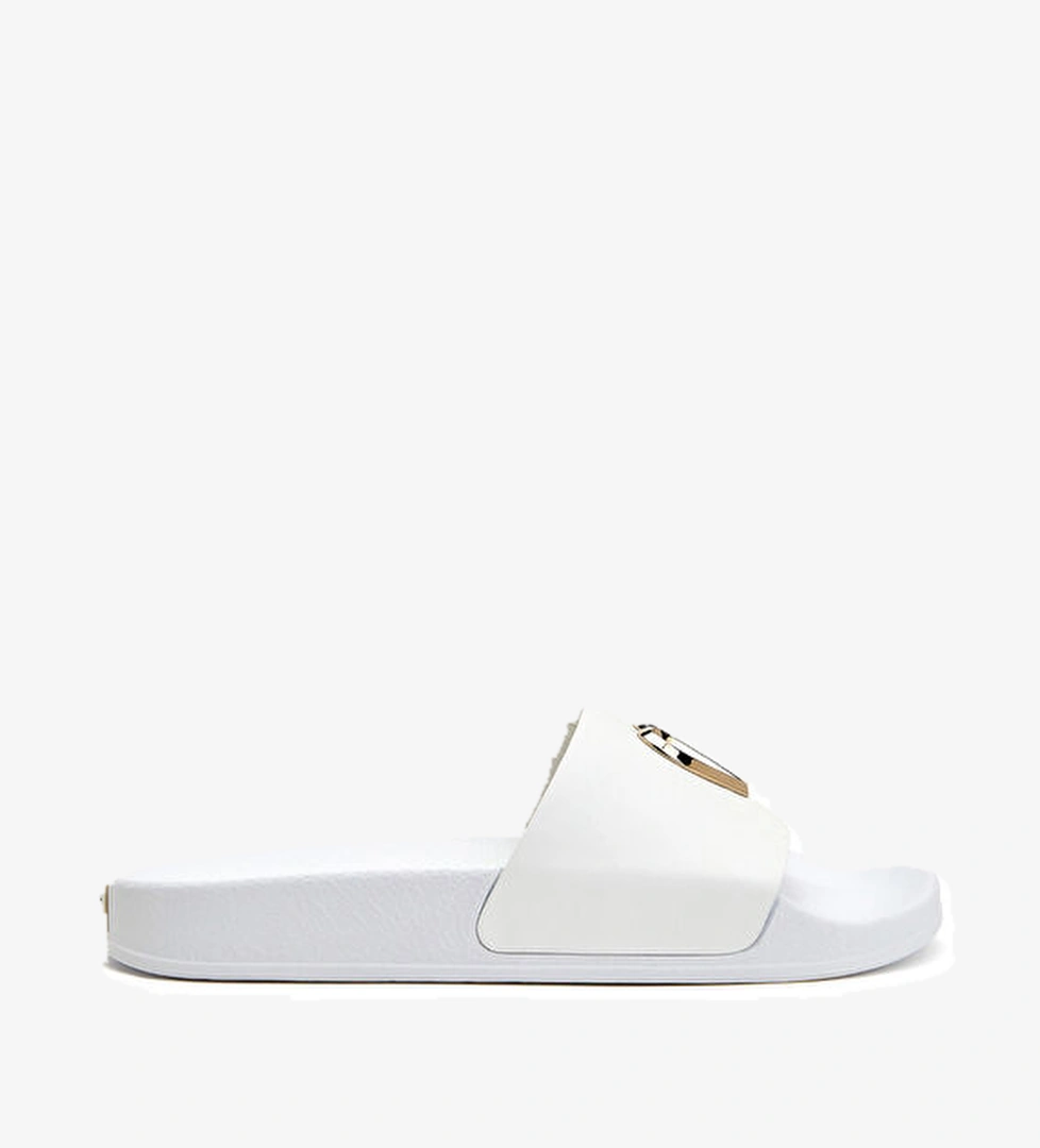 Beyaz Kalp Detaylı Kadın Deri Terlik - Görsel 1