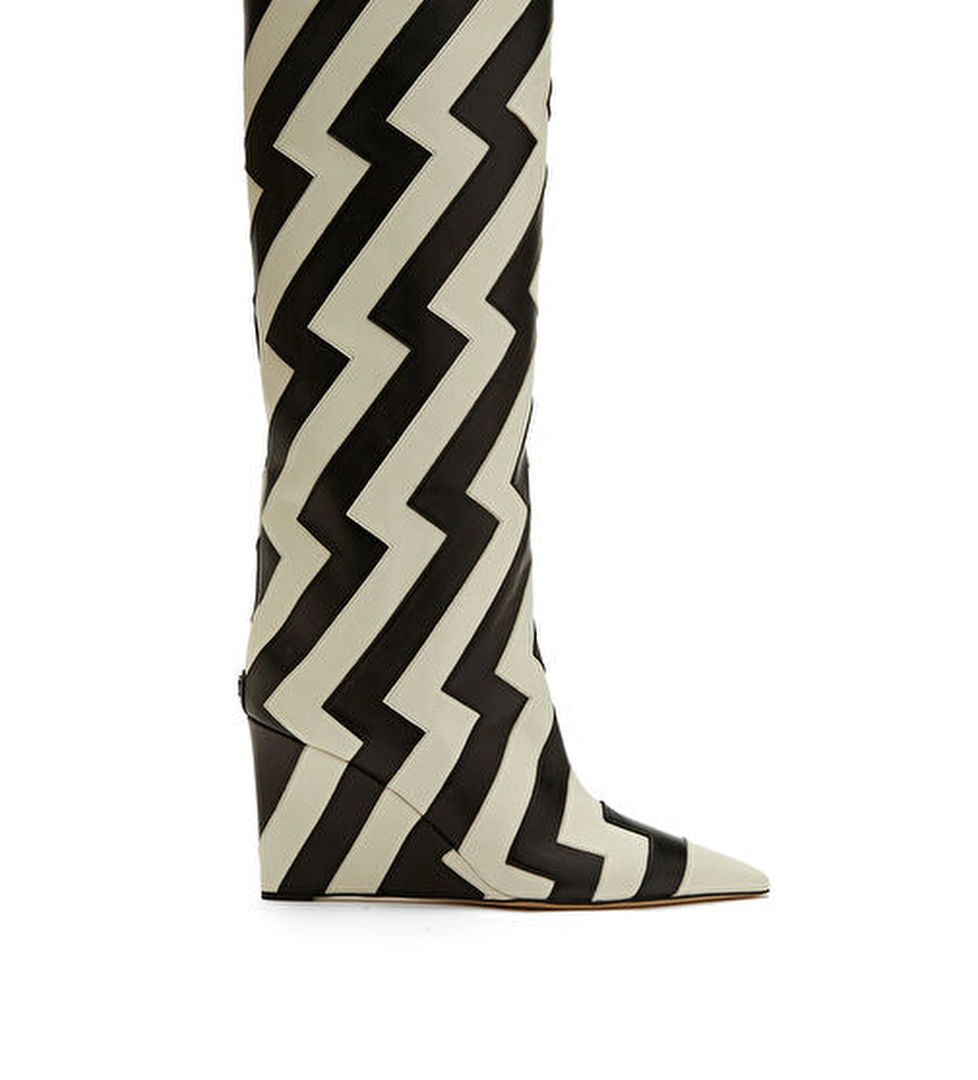 Blake Siyah Beyaz Zikzak Desenli Kadın Deri Çizme - Görsel 1